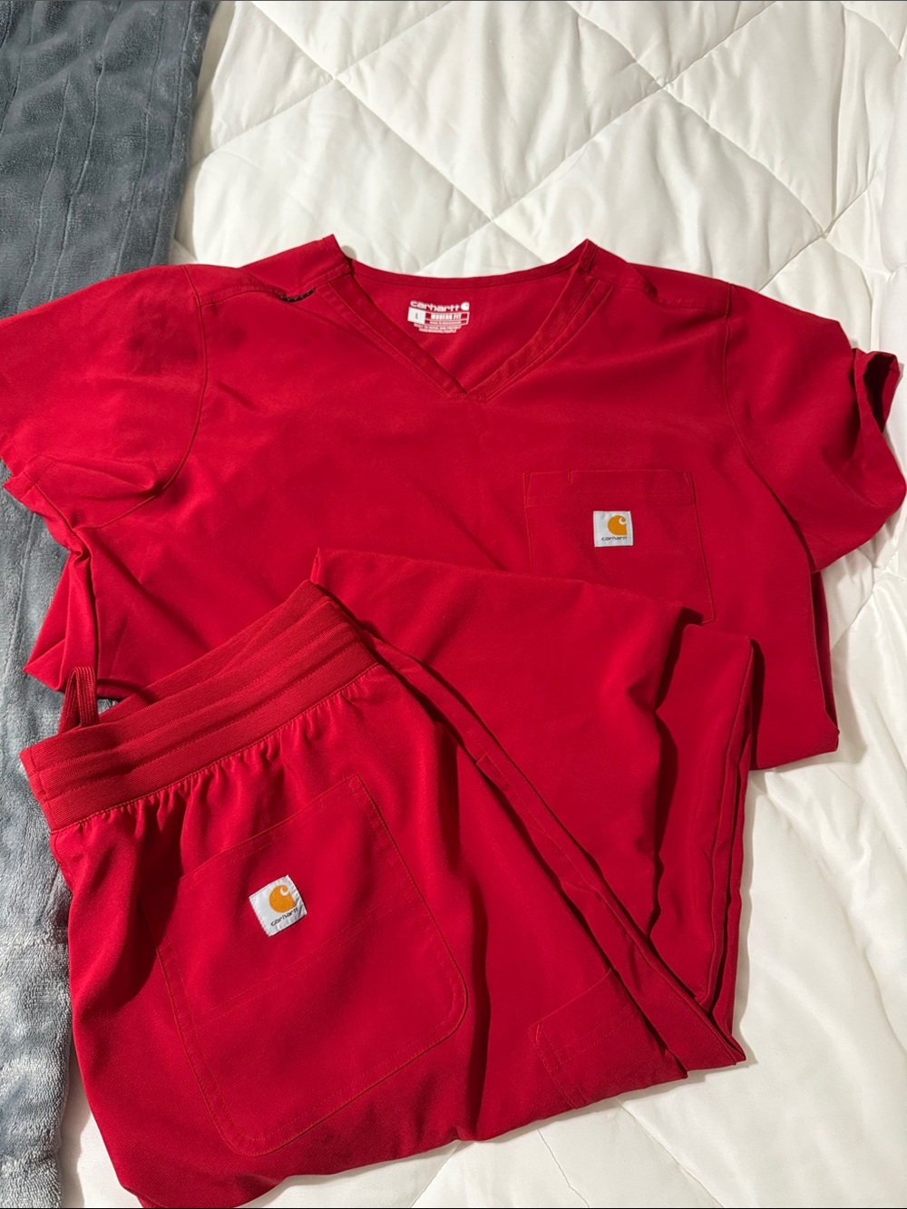 Carhartt Red V-Neck Scrub Top and Drawstring Pants